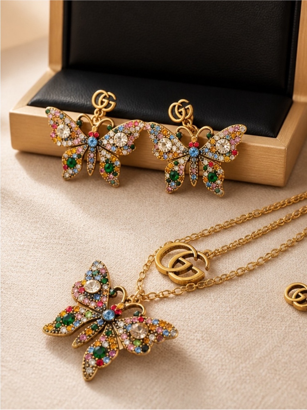 Gucci Gold-Tone Multicolor Crystal Butterfly Necklace and Earrings